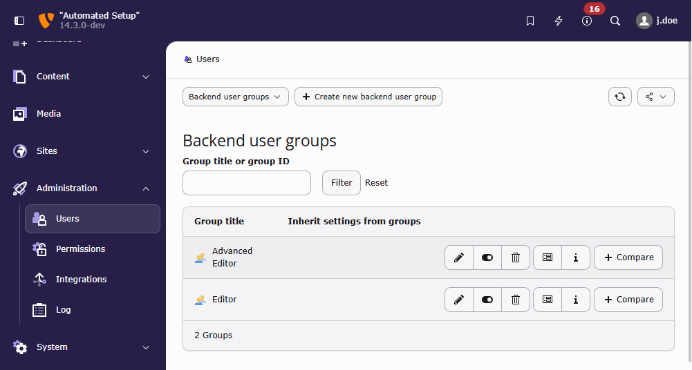 Screenshot of the Module "Backend Users", submodule "Backend User Groups" in the TYPO3 Backend
