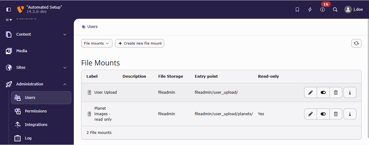 Screenshot of the Module "Backend Users", submodule "File mounts" in the TYPO3 Backend