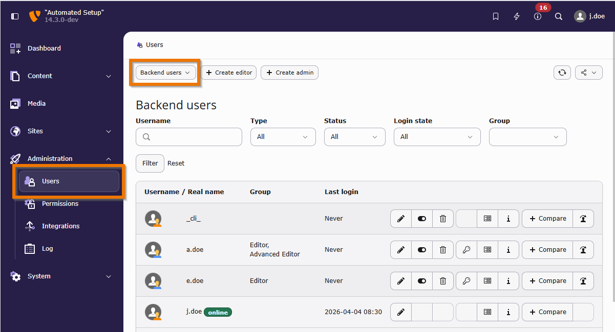 Screenshots of the TYPO3 backend module Backend Users