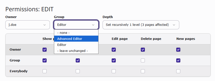 Changing a pages user group