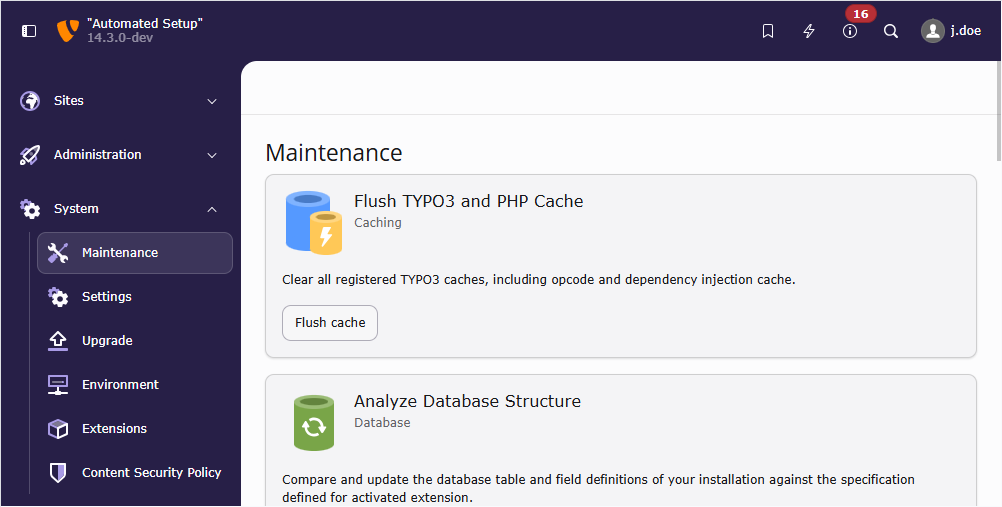 Screenshot of the TYPO3 backend as seen by a System Maintainer.