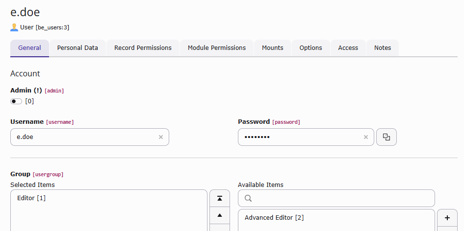 Setting the base information for the new user