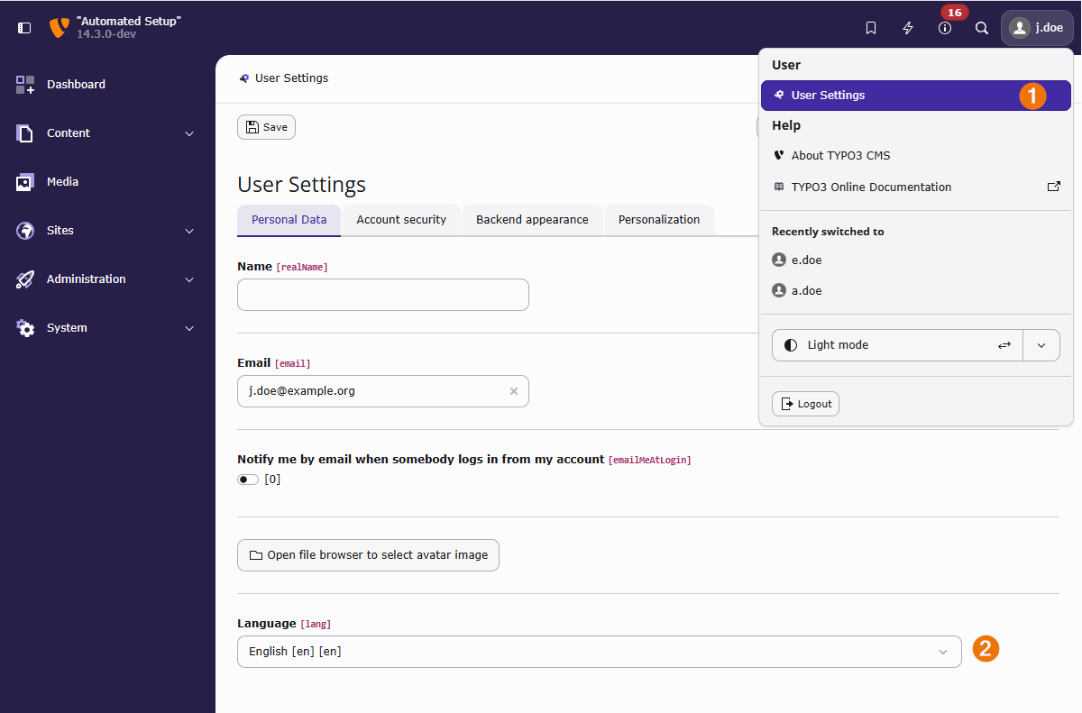 The tab "Personal data" of the User settings, including field "Language"