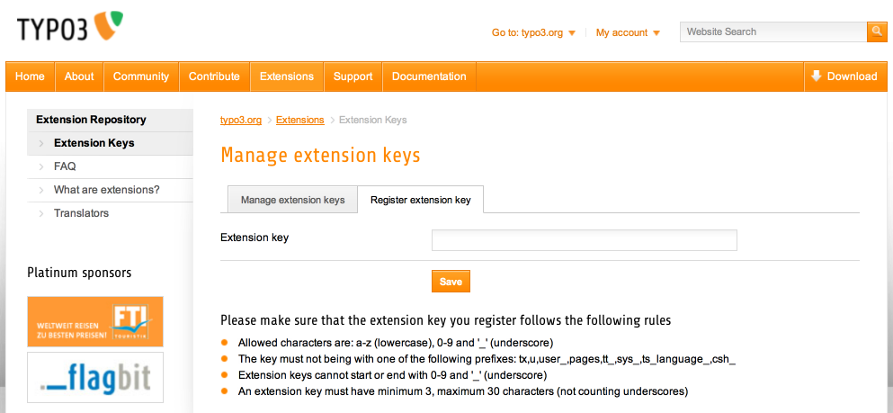 The extension registration form