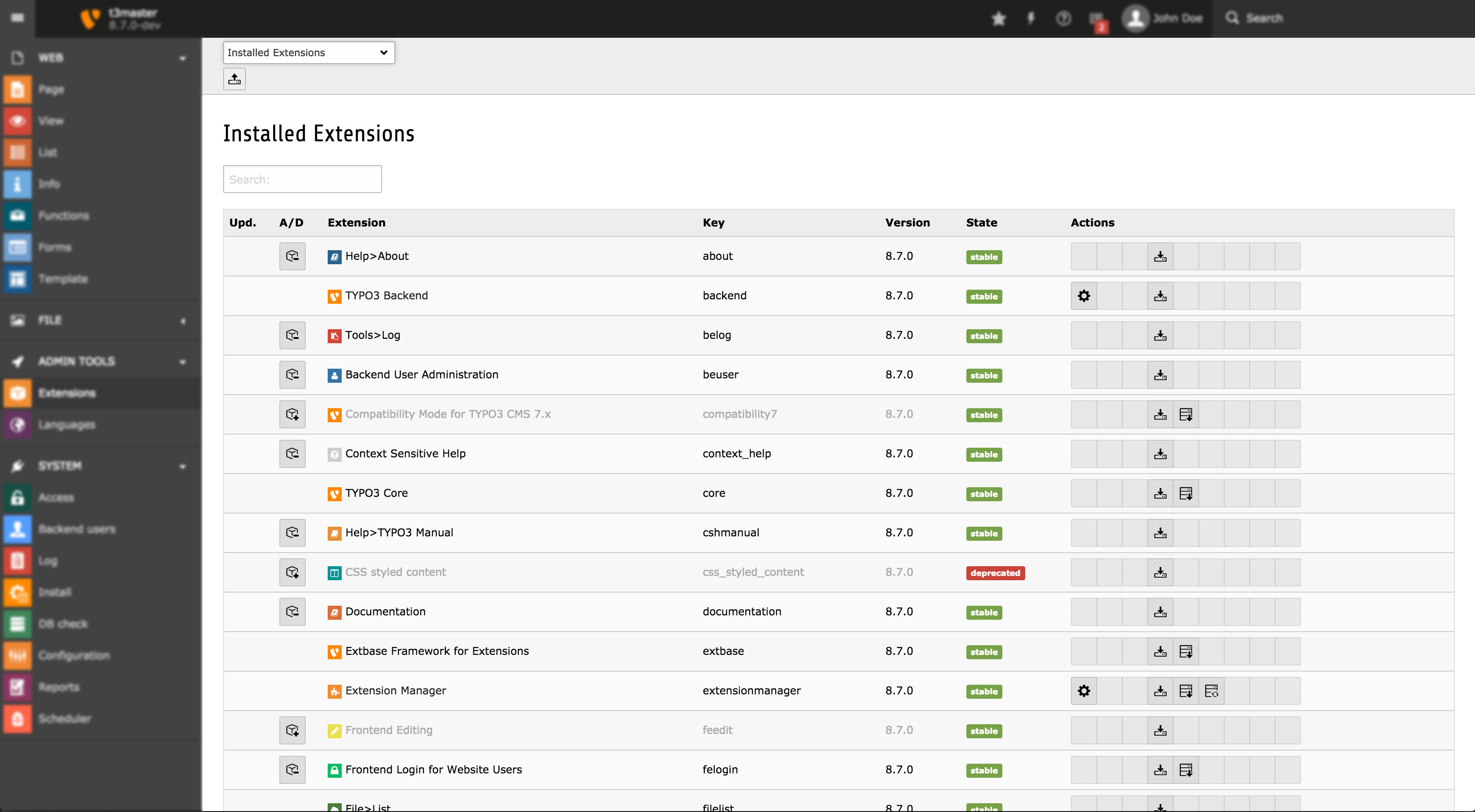 The Extension Manager (from TYPO3 7.6 to TYPO3 8.7)