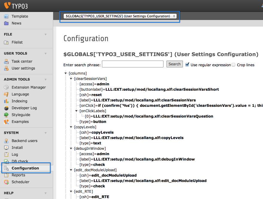 Viewing the User Settings configuration