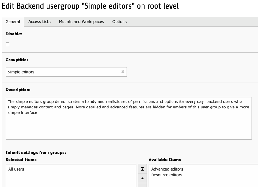 Part of the editing form for group "Simple editors" of the Introduction Package