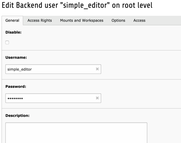 Part of the editing form for user "simple\_editor" of the Introduction Package