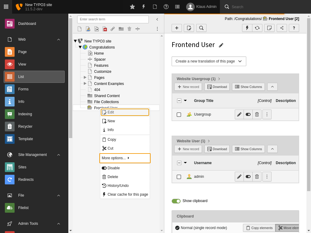 Select "More options..." from the context menu of the page tree