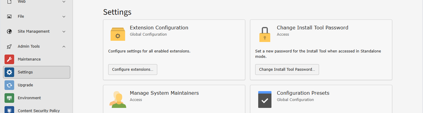 Backend module "Admin Tools > Settings" as seen by a system maintainer
