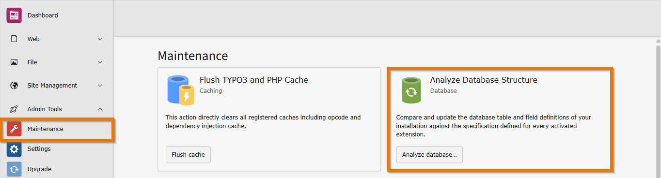 TYPO3 backend with the Maintenance Admin Tools. The database analyzer is highlighted.