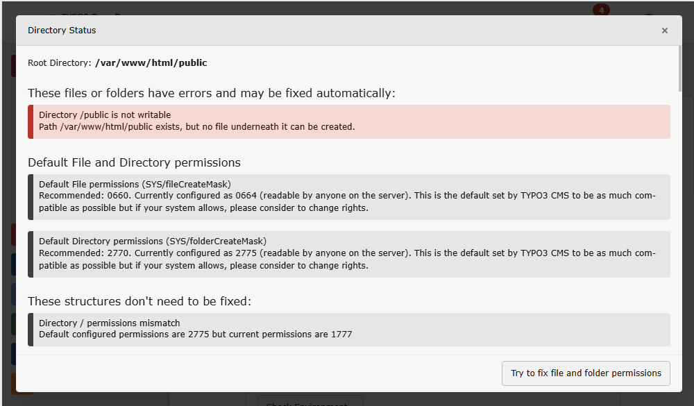 Output of the directory status with missing writing permissions for folder public