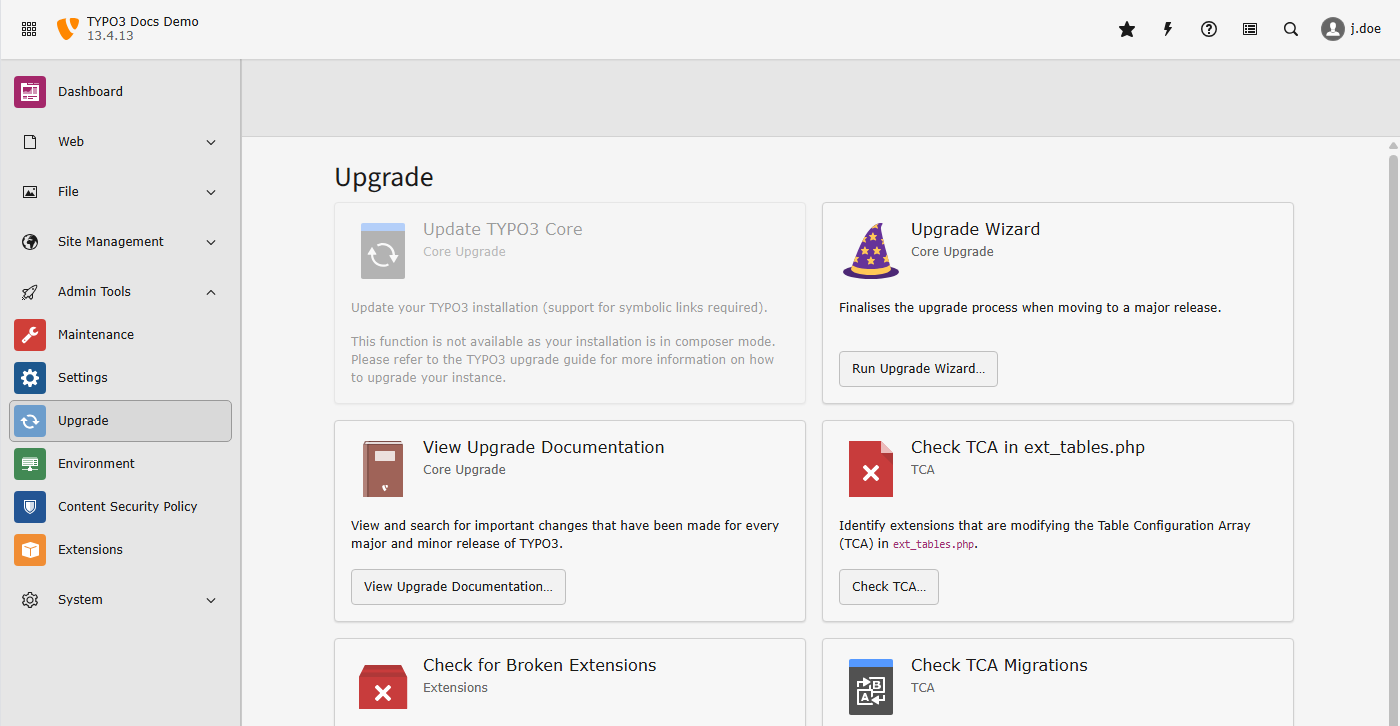 Admin Tools -> Upgrade, Overview