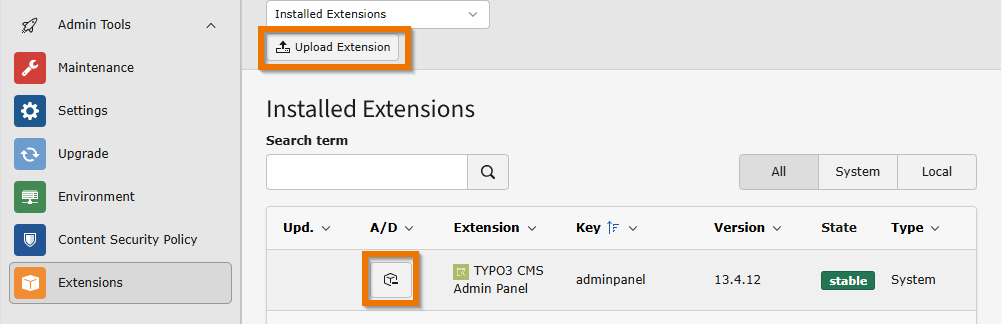 The TYPO3 backend Extension Manager in Classic Mode: Buttons "Upload Extension" and "Deactivate" for some extensions are visible