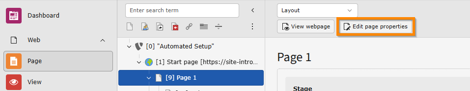 Screenshot demonstrating the location of the "Edit page properties" button in the header of the "Web > Page" module