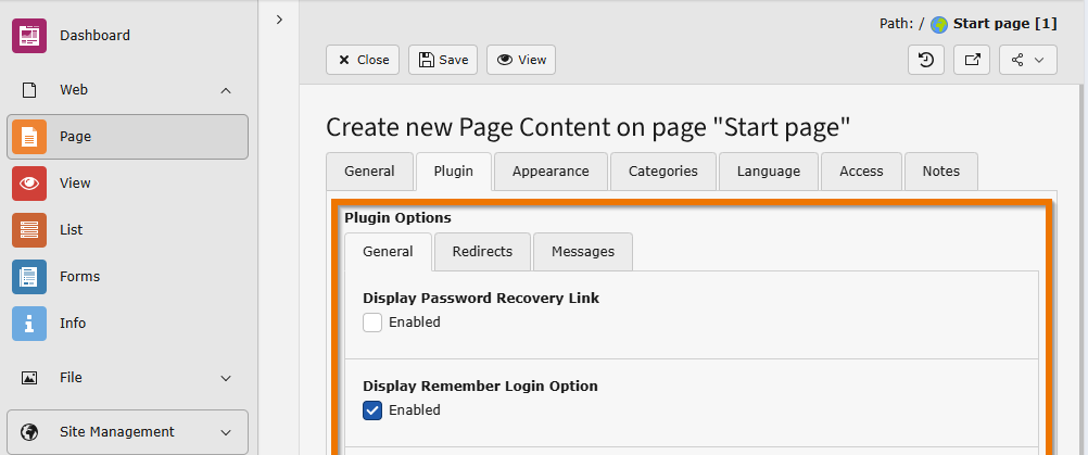 Plugin Options of the Frontend login plugin