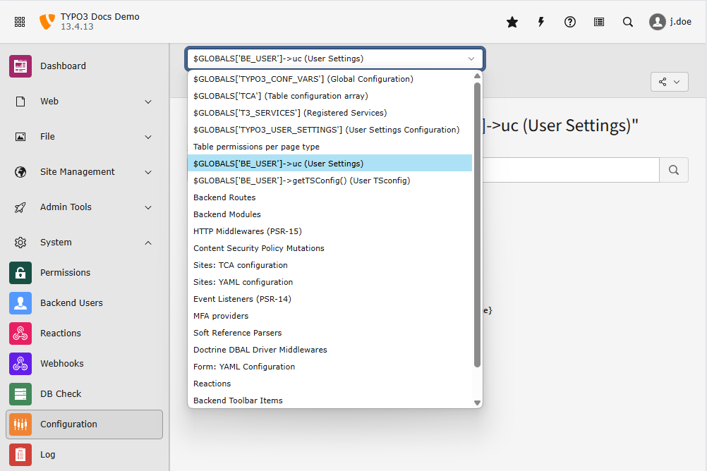 Backend module System -> Configuration with the selector open to demonstrate $GLOBALS variables that can be displayed