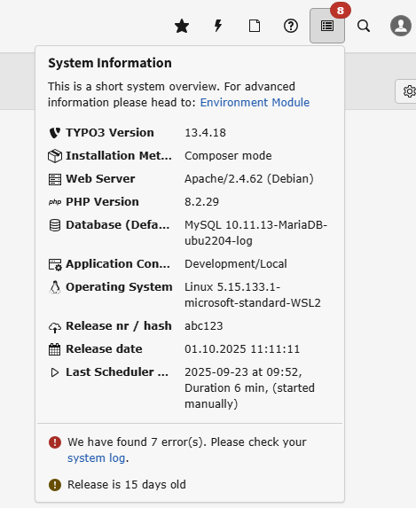 TYPO3 Backend Screenshot with custom System Information Icons and a custom message