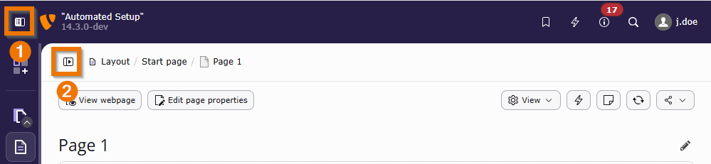 Backend with collapsed module menu and page tree, showing toggles