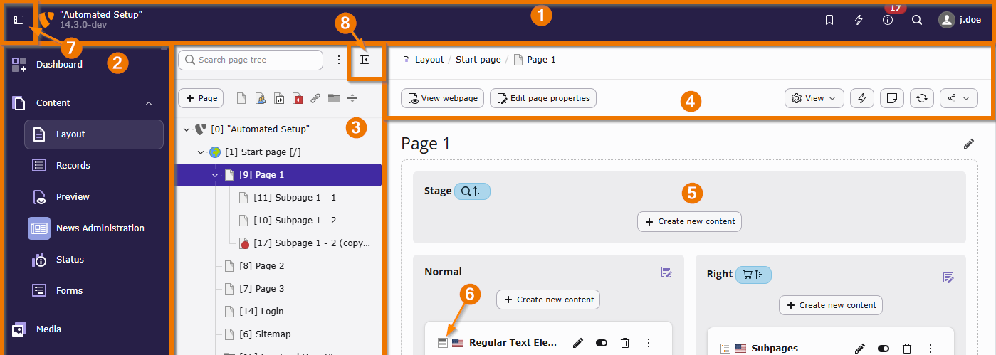 An overview of the visual structure of the backend, the sections are marked with numbers