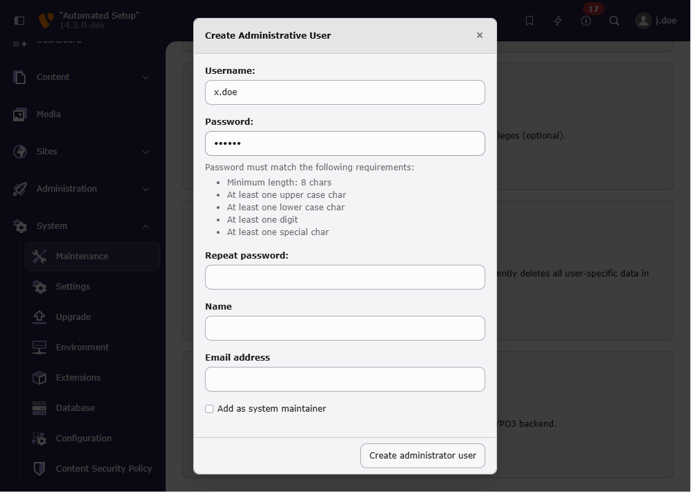 Form to create an administrator
