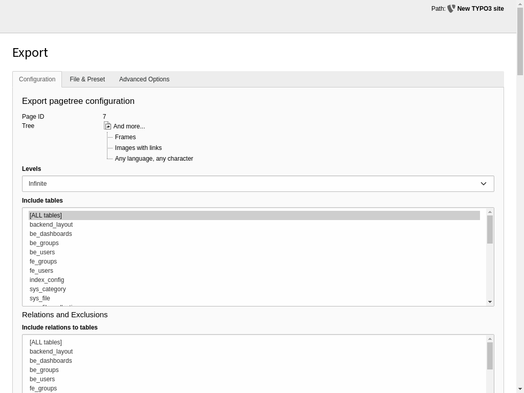 Select the page levels to be exported
