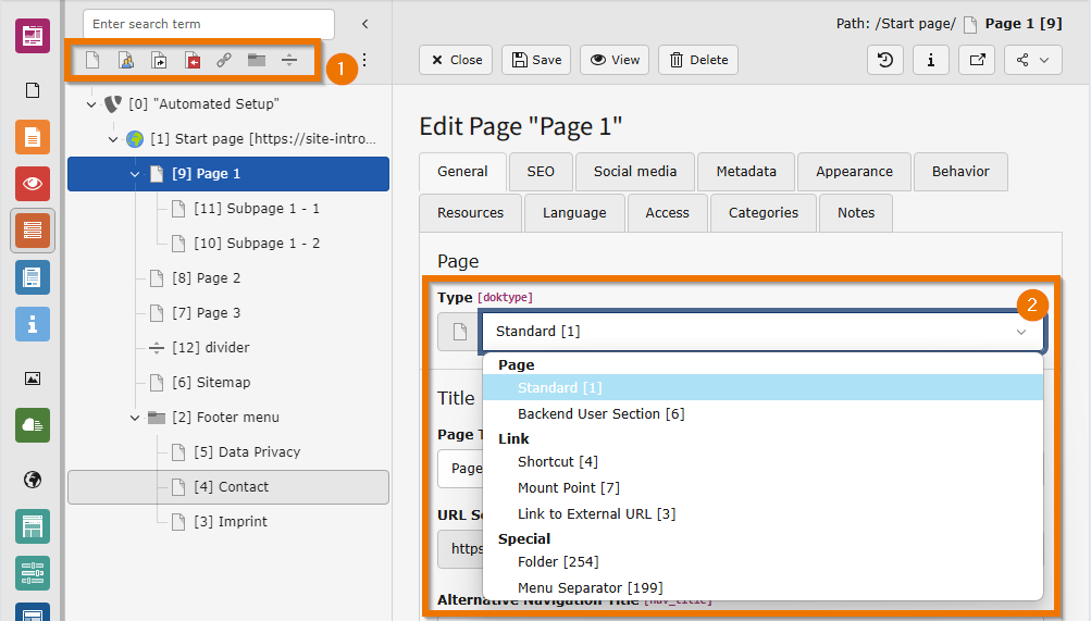 Screenshot of the page properties form with highlighted page type (field `doktype`) and the page tree with the page type icons