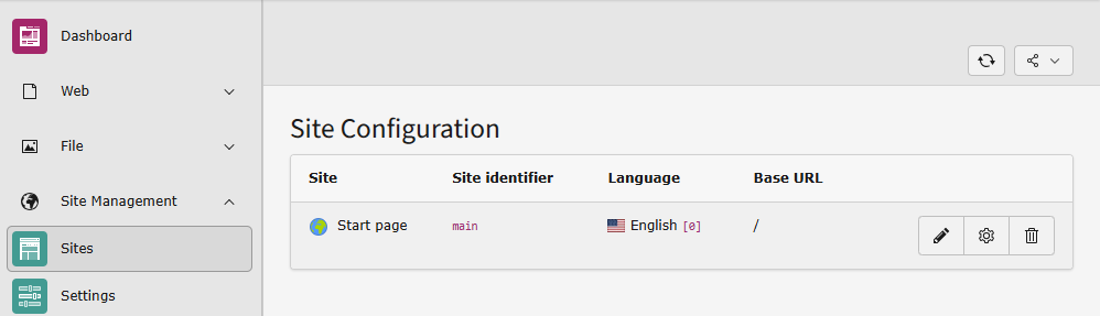 Backend module Site Configuration in overview, found at Site Management > Sites