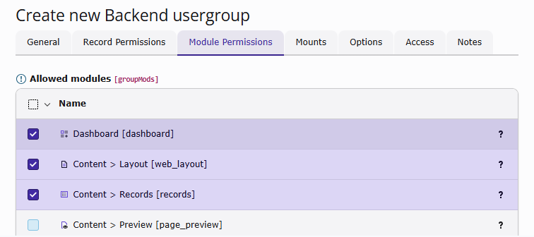Tab "Module Permissions" with the list of allowed modules