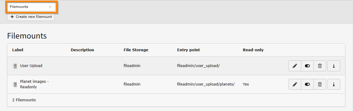 Screenshot of the Module "Backend Users", submodule "File mounts" in the TYPO3 Backend