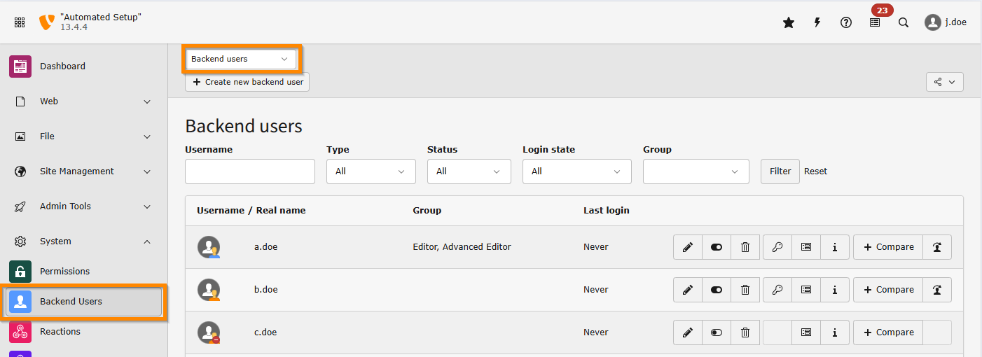 Screenshots of the TYPO3 backend module Backend Users