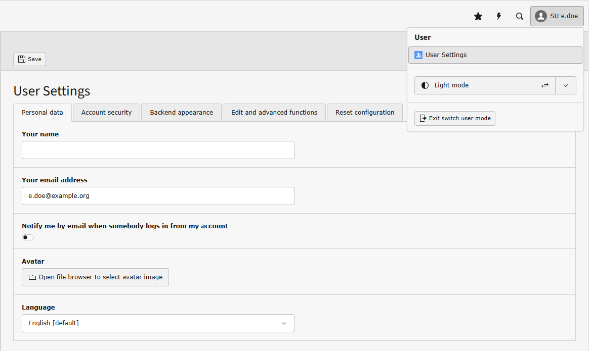 The tab "Personal data" of the User settings, including field "Language"