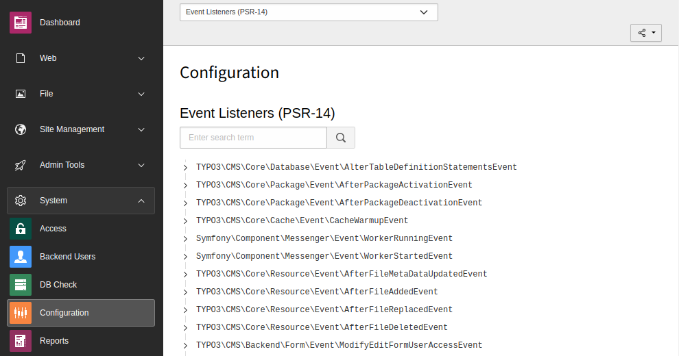 List of event listeners in the Configuration module