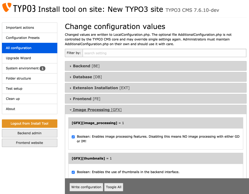 The "All Configuration" view of the Install Tool