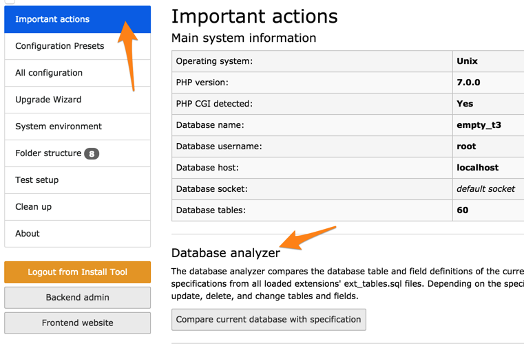 The Database analyzer is part of the "Important actions"