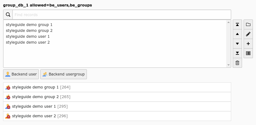 Group relation to be_groups and be_users with some selected records (group_db_1)