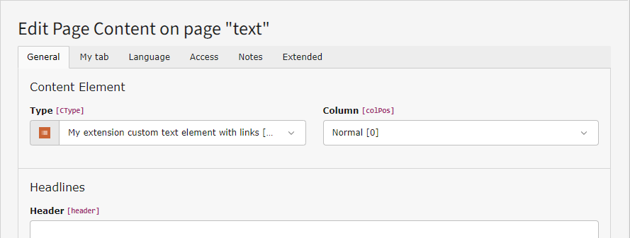 Screenshot of the content element form created by the code