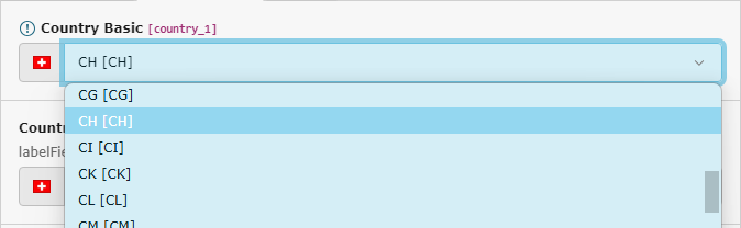 A country picker in the TYPO3 backend, displaying the ISO2 Code, here 'CH' and the flag of the country