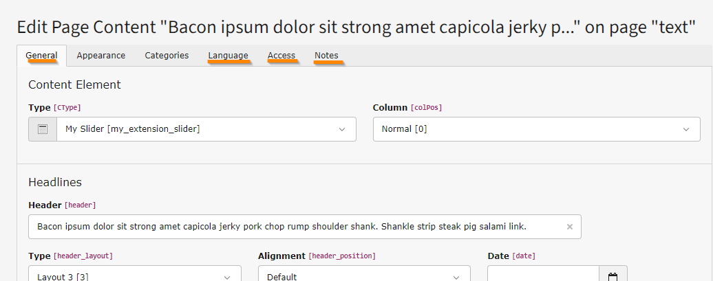 The edit form of a slider with its tabs. The above mentioned ones are underlined.