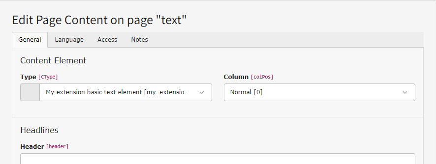 Screenshot of the content element form created by the code