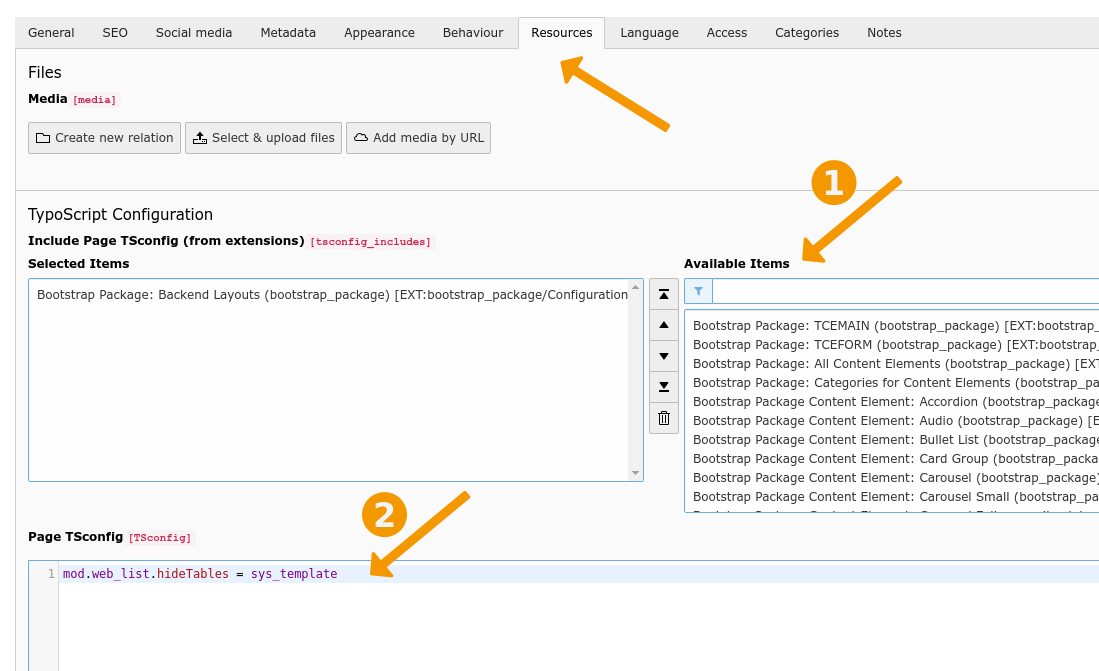 TSconfig-related fields in the Resources tab of a page