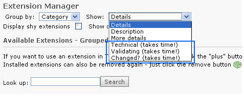 The Extension Manager with additional options