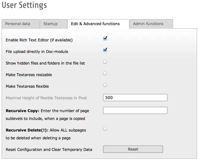 Default values and overriding values for the "User tools > User settings" module