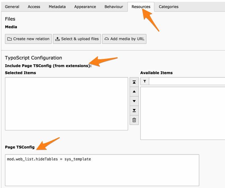 TSconfig-related fields in the Resources tab of a page