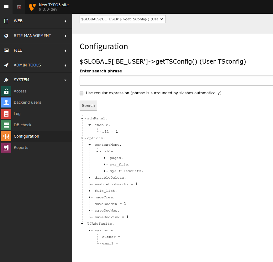 Viewing User TSconfig using the Configuration module