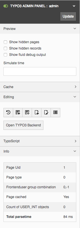 The TYPO3 admin panel