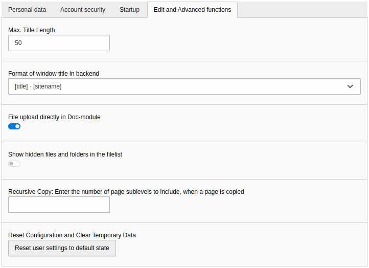 Default values and overriding values in the "User > User settings" module