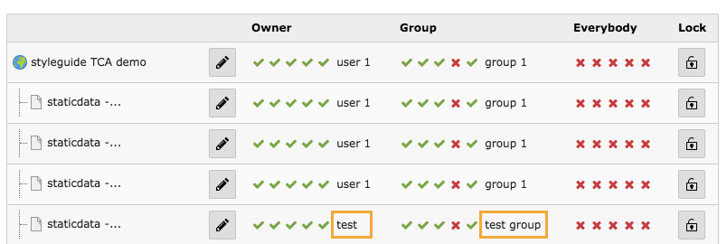 Page with altered permissions for backend users and groups
