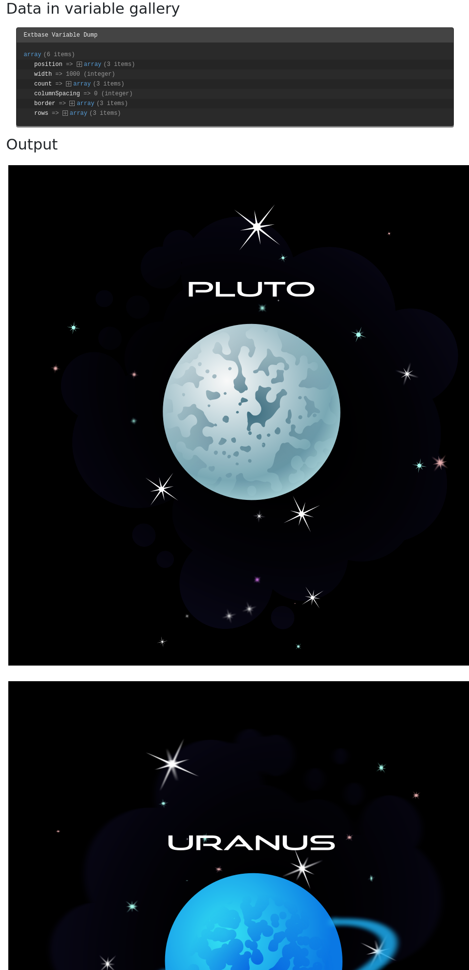 Output of a GalleryProcessor, including debug output