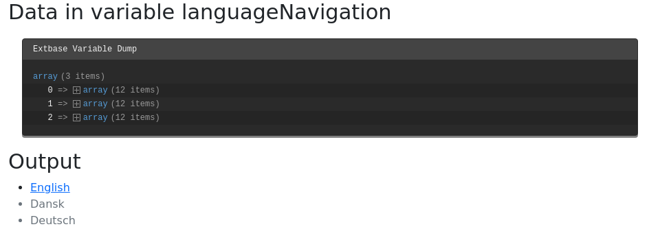 Output of a LanguageMenuProcessor, including debug output